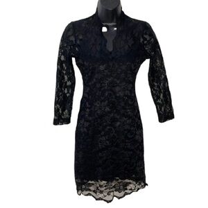 ASOS Black Lace Bodycon Dress with Mock Neck 3/4 Length Sleeve Sexy! Size 8